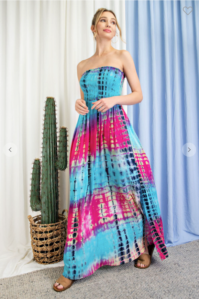 TIE DYE STRAPLESS SMOCKED MAXI DRESS