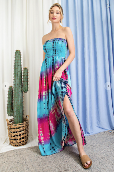 TIE DYE STRAPLESS SMOCKED MAXI DRESS