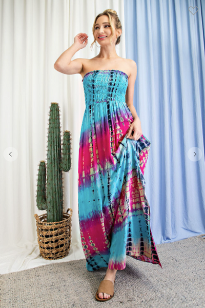 TIE DYE STRAPLESS SMOCKED MAXI DRESS