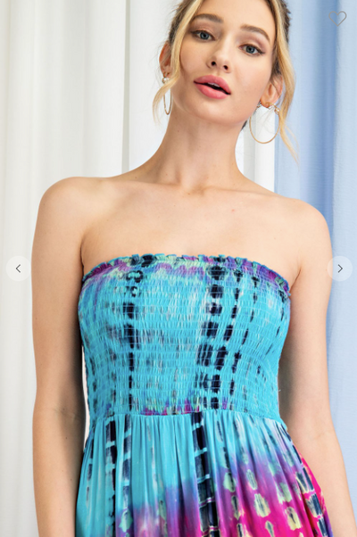 TIE DYE STRAPLESS SMOCKED MAXI DRESS