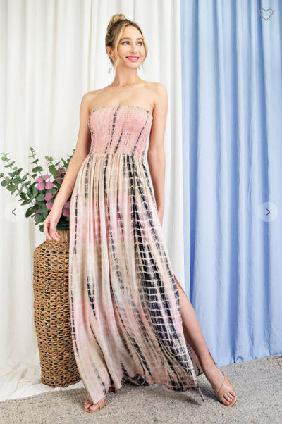 TIE DYE STRAPLESS SMOCKED MAXI DRESS