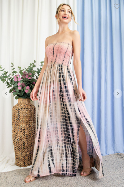 TIE DYE STRAPLESS SMOCKED MAXI DRESS