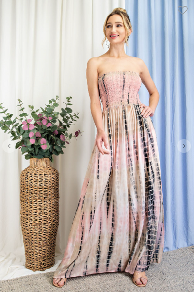 TIE DYE STRAPLESS SMOCKED MAXI DRESS