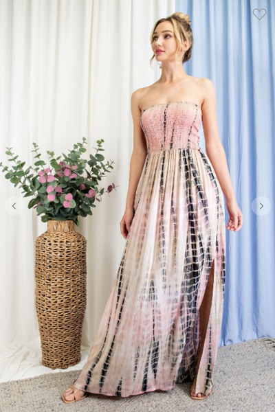 TIE DYE STRAPLESS SMOCKED MAXI DRESS