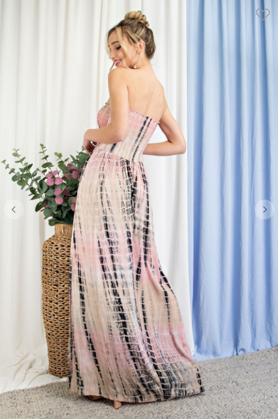 TIE DYE STRAPLESS SMOCKED MAXI DRESS