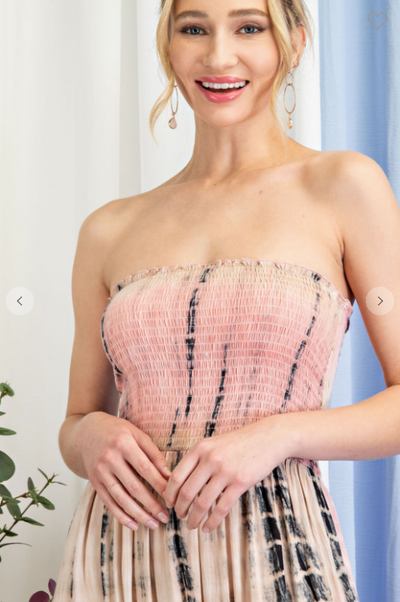 TIE DYE STRAPLESS SMOCKED MAXI DRESS