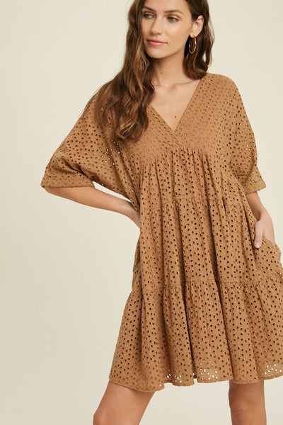 SHORT SLEEVE EYELET BABYDOLL DRESS