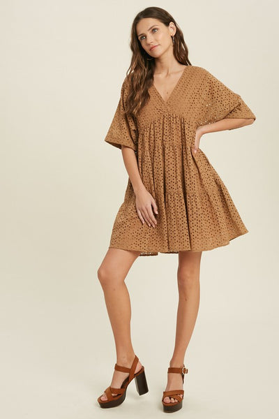 SHORT SLEEVE EYELET BABYDOLL DRESS