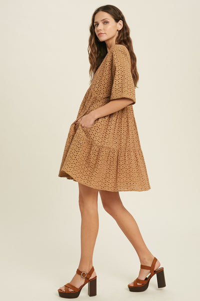 SHORT SLEEVE EYELET BABYDOLL DRESS