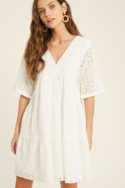 SHORT SLEEVE EYELET BABYDOLL DRESS