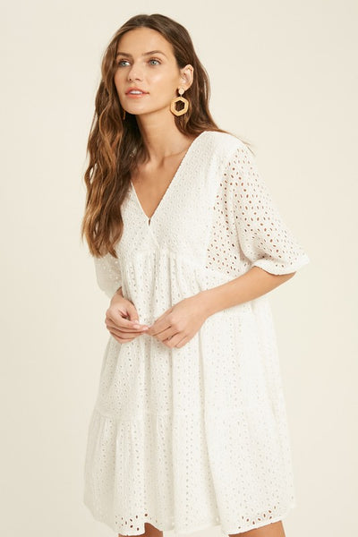 SHORT SLEEVE EYELET BABYDOLL DRESS