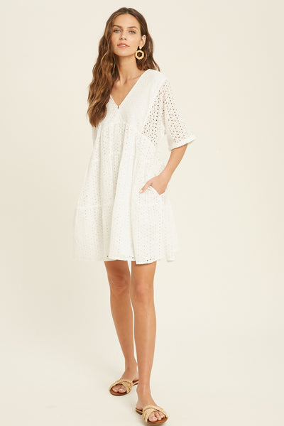 SHORT SLEEVE EYELET BABYDOLL DRESS