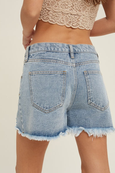 OVERLAP DISTRESSED DENIM SHORTS