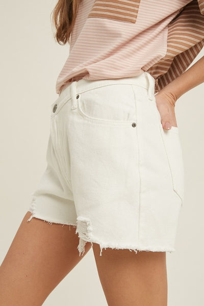 OVERLAP DISTRESSED DENIM SHORTS