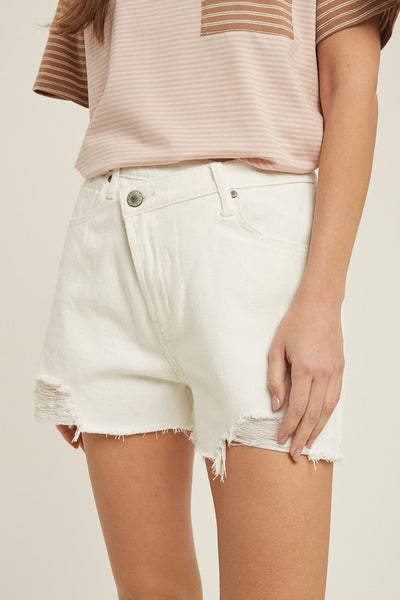 OVERLAP DISTRESSED DENIM SHORTS