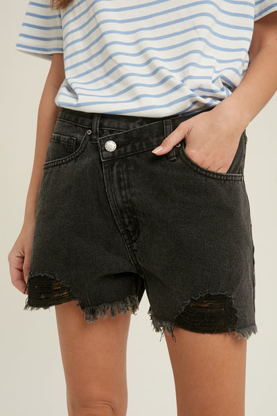 OVERLAP DISTRESSED DENIM SHORTS