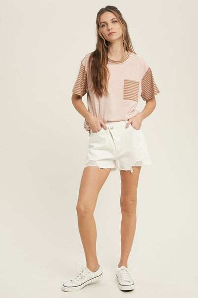 OVERLAP DISTRESSED DENIM SHORTS