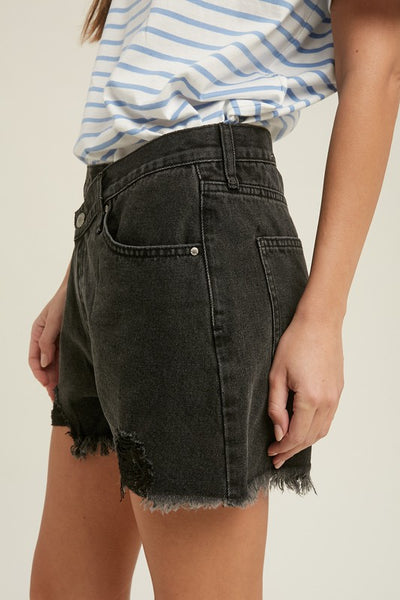 OVERLAP DISTRESSED DENIM SHORTS