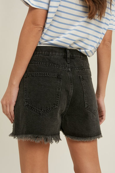 OVERLAP DISTRESSED DENIM SHORTS