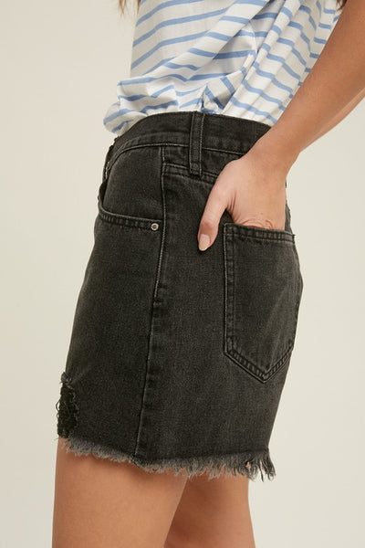 OVERLAP DISTRESSED DENIM SHORTS