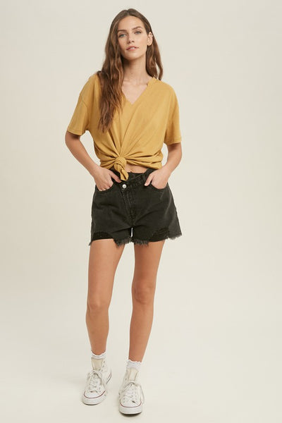 OVERLAP DISTRESSED DENIM SHORTS