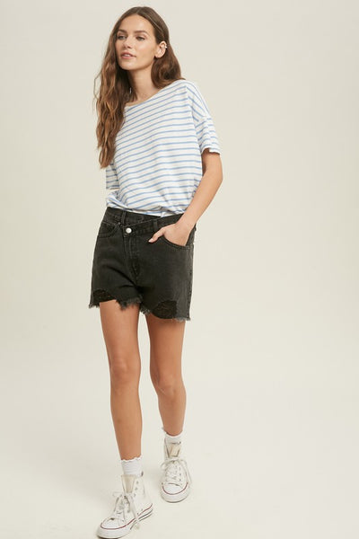 OVERLAP DISTRESSED DENIM SHORTS