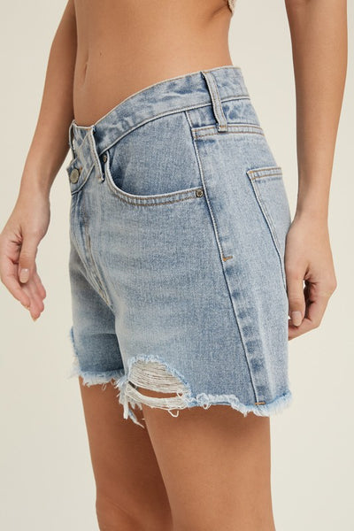OVERLAP DISTRESSED DENIM SHORTS