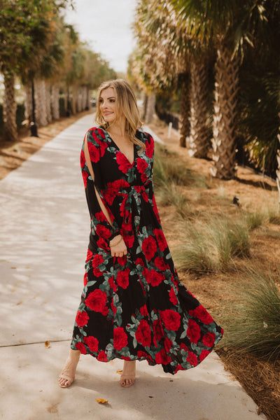 Split Long Sleeves Waist Tie Floral Maxi Wrap Dress