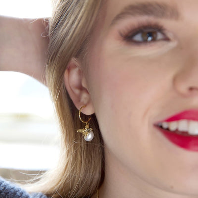 Pearl and Bee Hoop Earrings in Gold