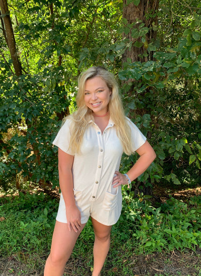 Terry short sleeve button up romper