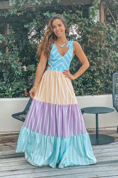 MULTICOLOR STRIPE TIE MAXI DRESS