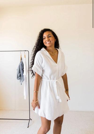 Tassel Tie Waist Round Raw Cut Hem Mini Shirt Dress