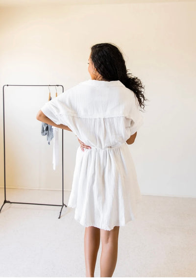 Tassel Tie Waist Round Raw Cut Hem Mini Shirt Dress