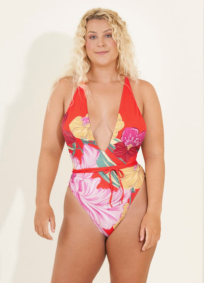 Maaji Red Camellia Orchid Plunge One Piece