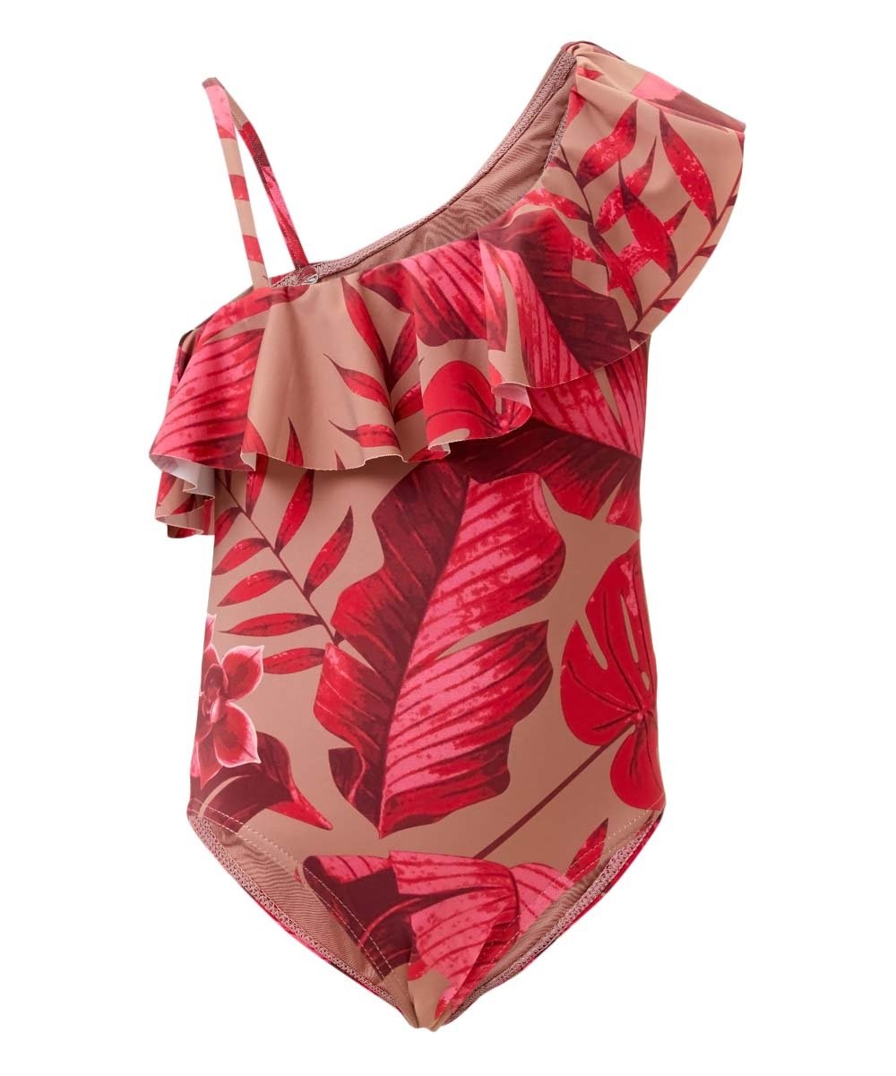 Floral Print Ruffle-Accent Asymmetrical One-Piece