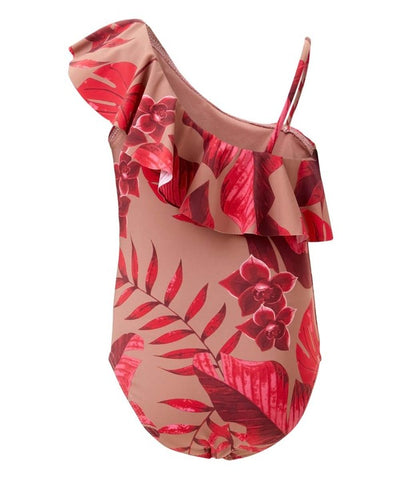 Floral Print Ruffle-Accent Asymmetrical One-Piece
