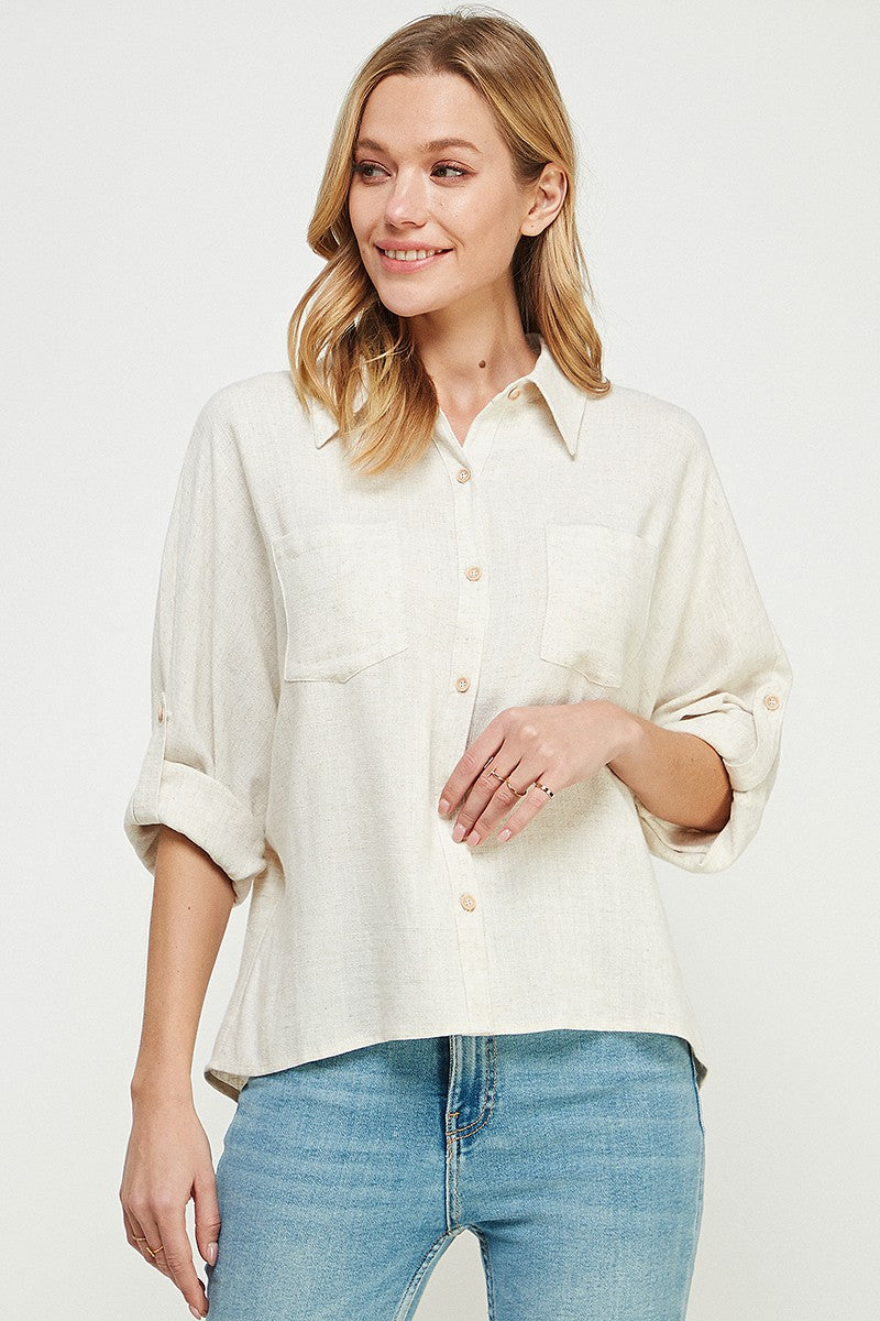 Linen Blend Dolman Button Front Shirt