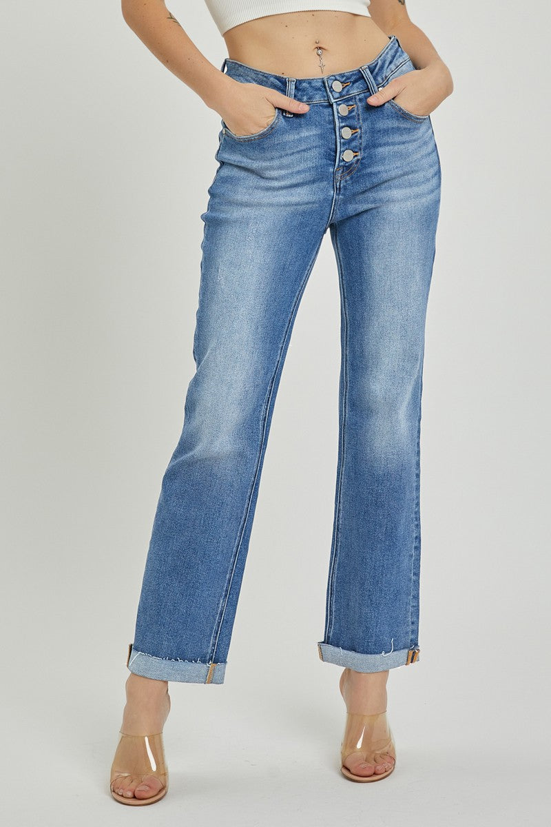 HIGH RISE BUTTON FLY ANKLE STRAIGHT LEG JEANS