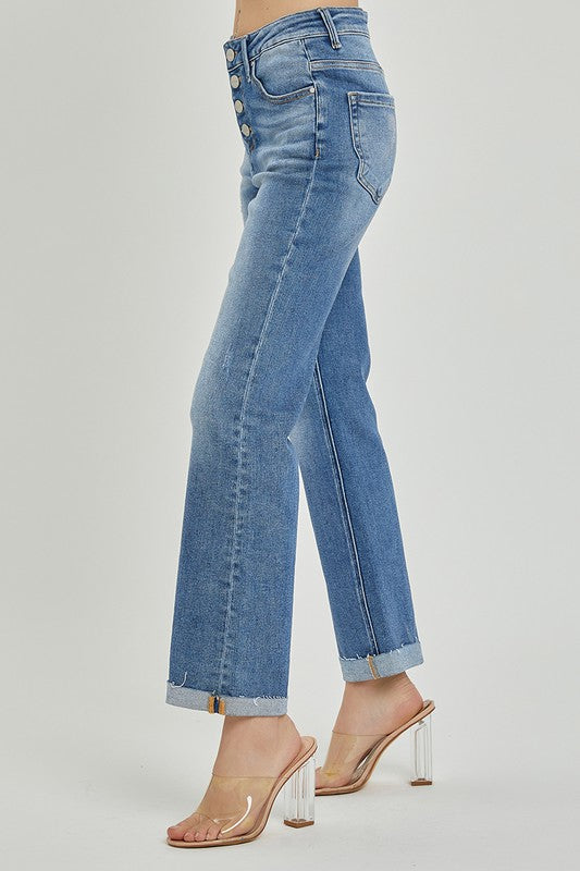 HIGH RISE BUTTON FLY ANKLE STRAIGHT LEG JEANS