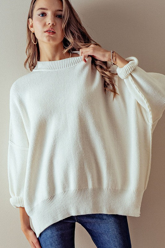 OVERSIZED SIDE SLIT CREW NECK COZY SWEATER