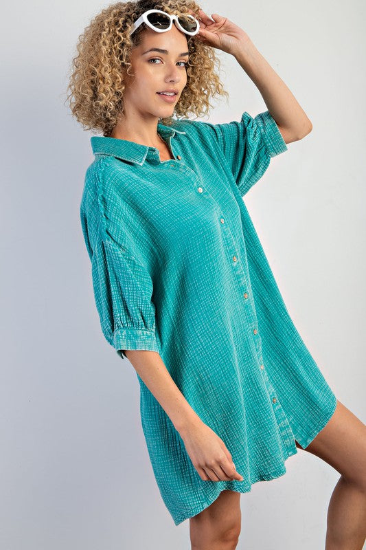 PLUS SIZE-WASHED COTTON BUTTON DOWN SHIRT DRESS
