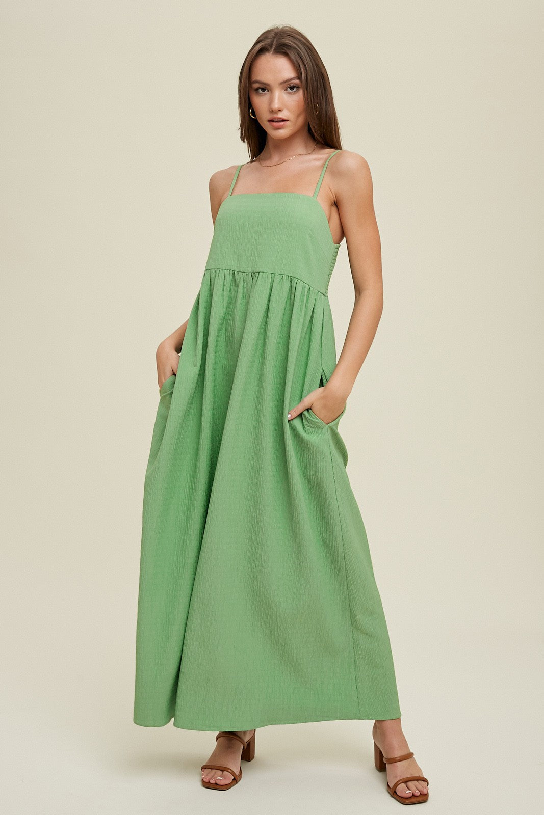 TEXTURED MAXI DRESS WITH SMOCKED BACK DETAIL