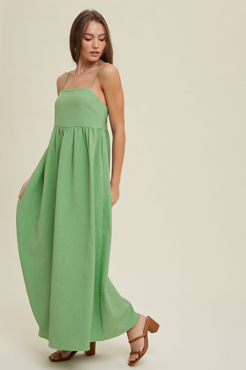 TEXTURED MAXI DRESS WITH SMOCKED BACK DETAIL