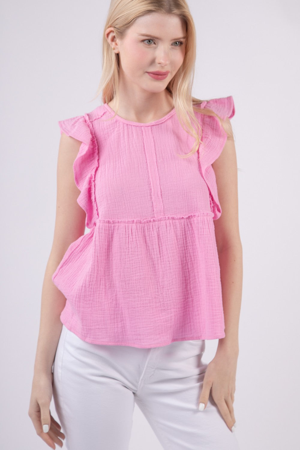 Ruffle Sleeve Babydoll Cotton Gauze Top