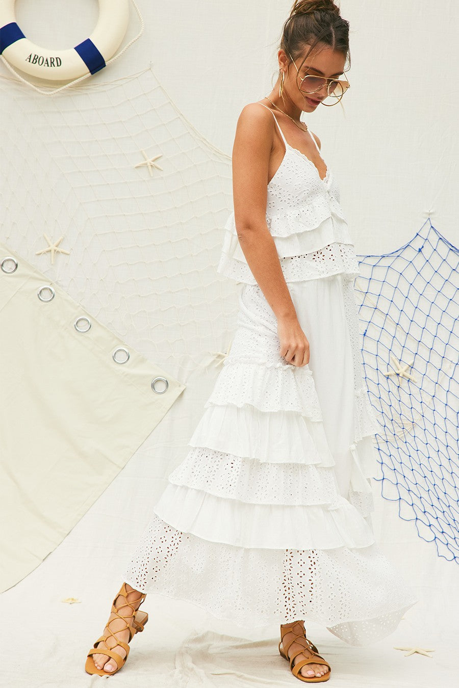 Eyelet Ruffle Maxi Skirt