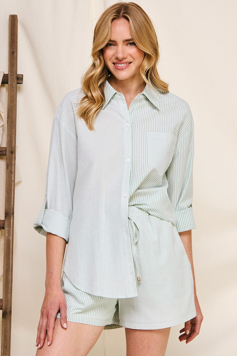 Twin Stripe Cotton Blend Button Up