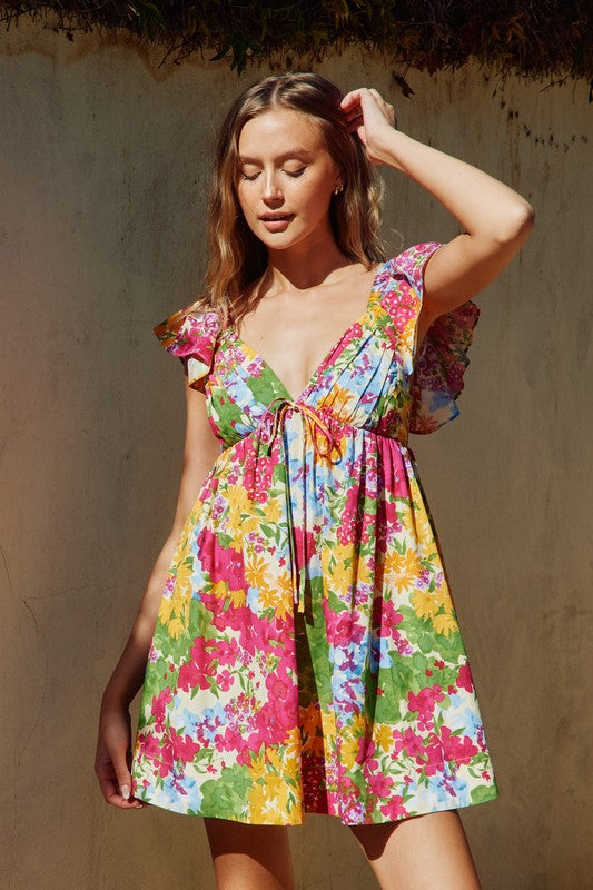 Bed of Flowers Flutter Sleeves Babydoll Dress