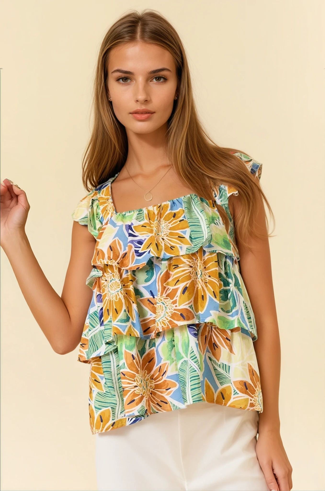 Textured Floral Print Ruffle Trim Layered Blouse