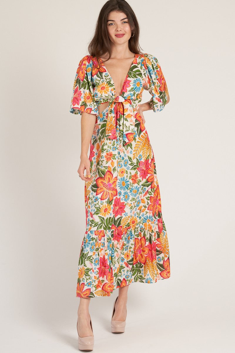 Printed Waist Cutout Maxi Dress With Lurex
