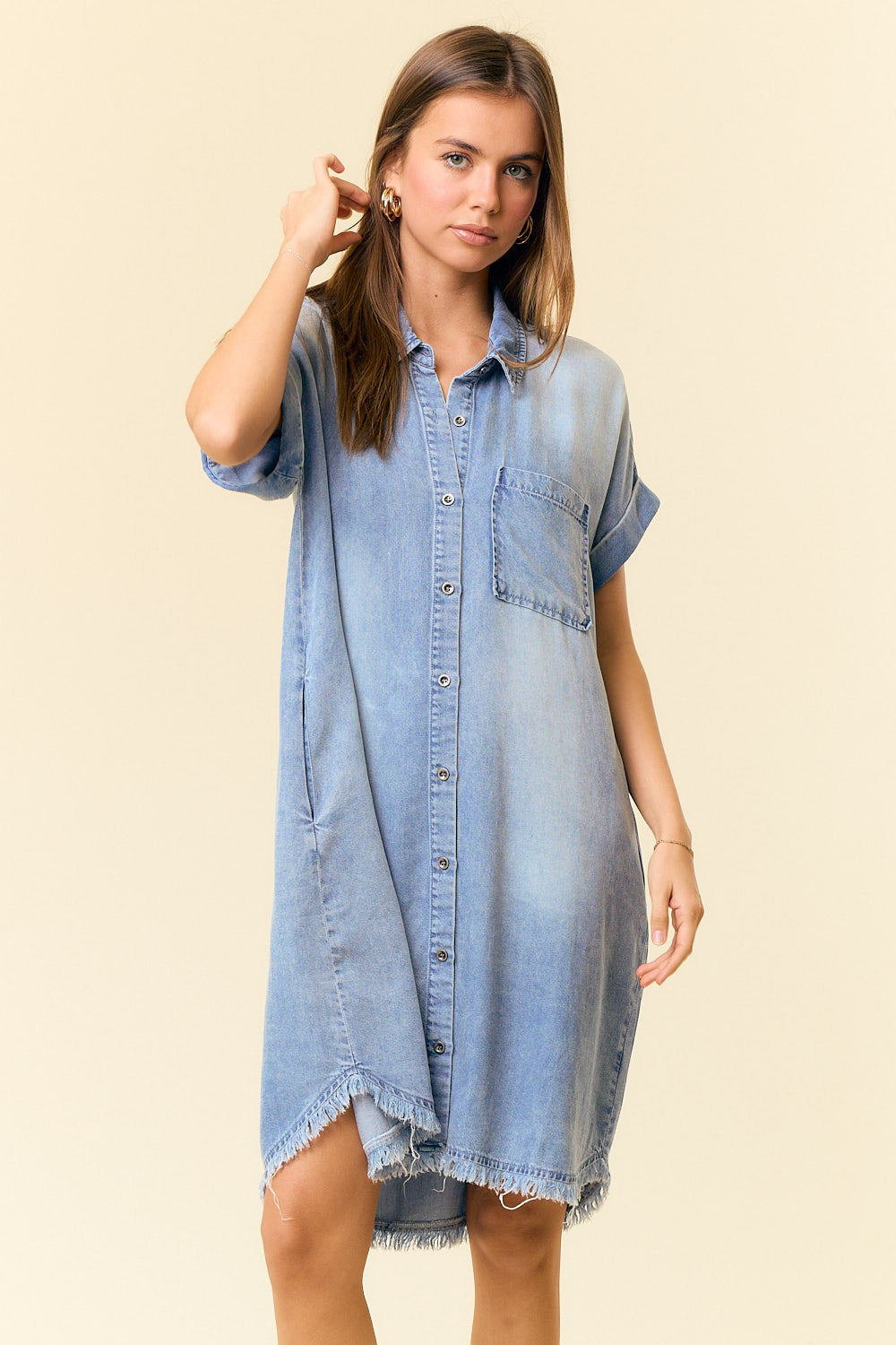 DOLMAN SHORT SLEEVE TENCEL DENIM SHIRT MINI DRESS - WalterGreenBoutique DOLMAN SHORT SLEEVE TENCEL DENIM SHIRT MINI DRESS - WalterGreenBoutique